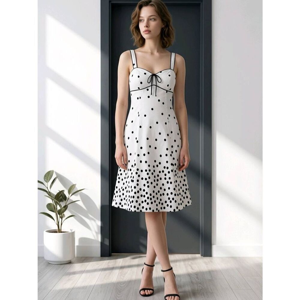 🔸️NWT Madison Leigh White Polka Dot Stretchy Sleeveless Dress Petite 10